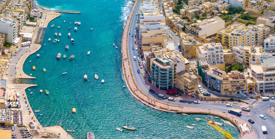 Beautiful aerial view of the Spinola Bay, St. Julians and Sliema town on Malta.