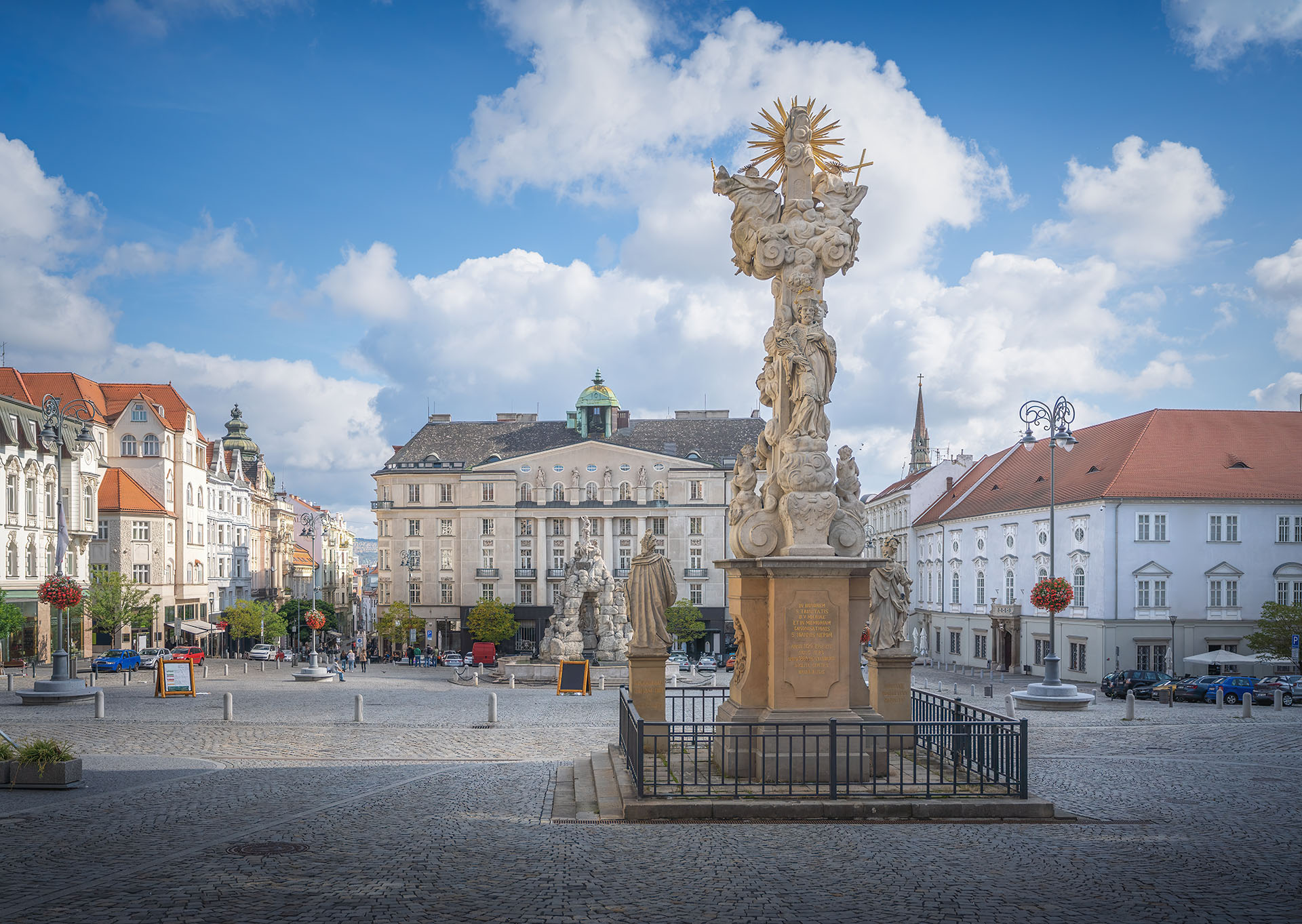 ornate fountain in cabbage market square in Brno, Czech Republic