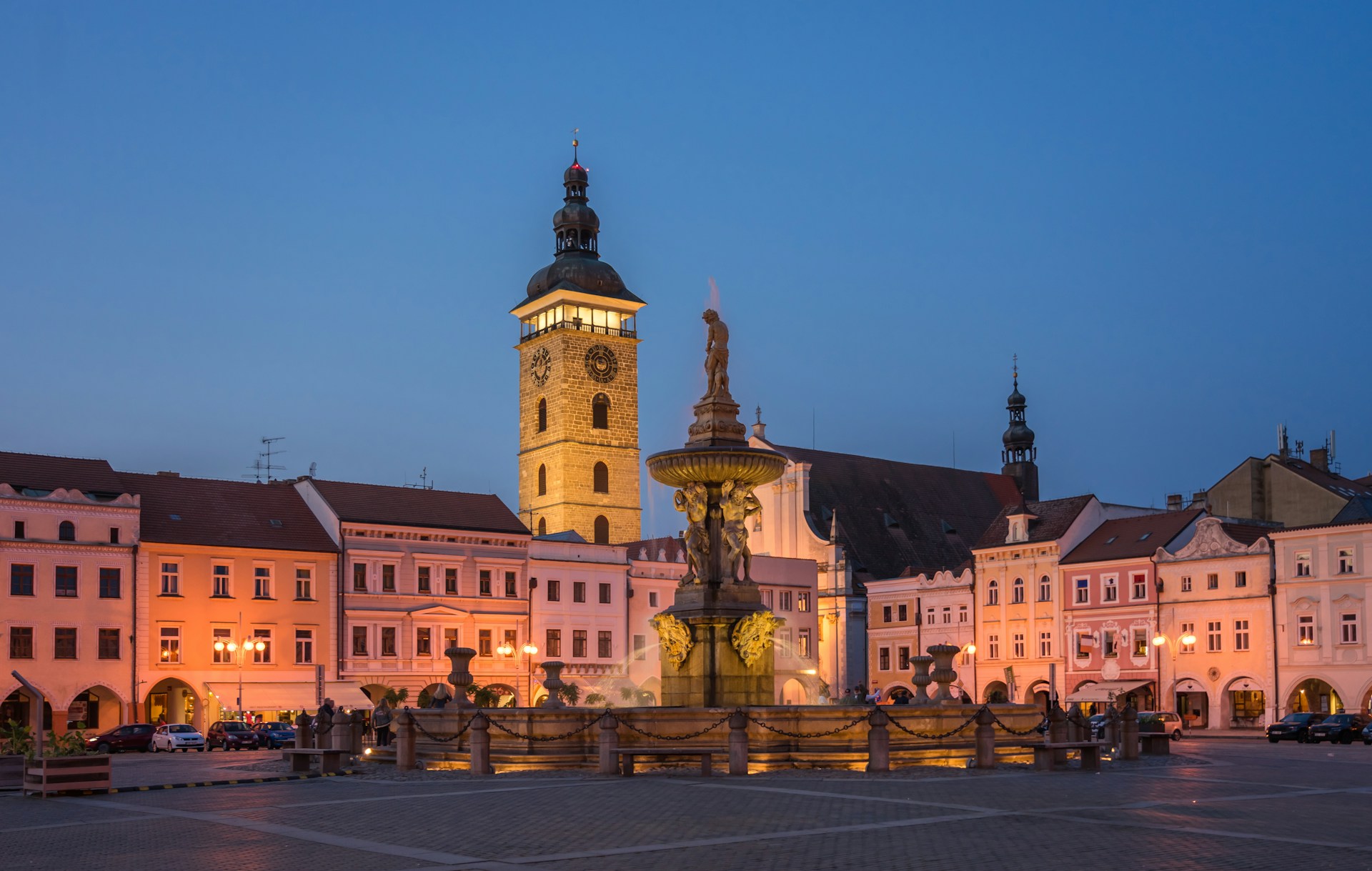beautiful nighttime view with buildling lights in Czech Republic