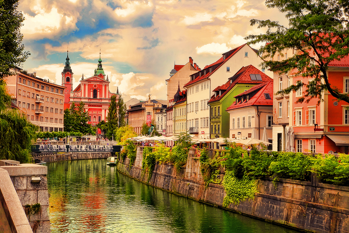 lovely view of river and buildings Ljubljana. Slovenia 