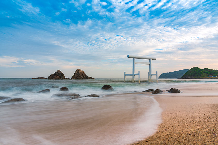 Sakurai Futamigaura's sacred Couple Stones and torii gate view f Fukuoka