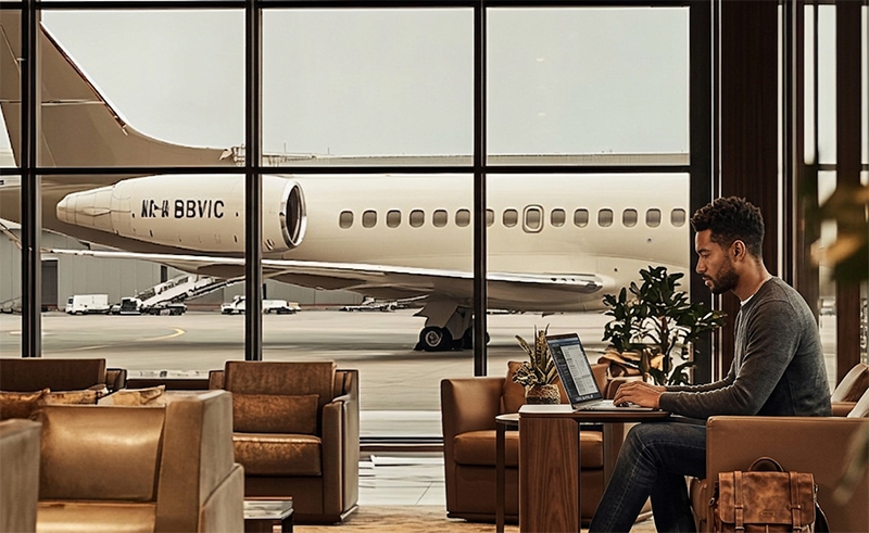 guy in airport lounge working on a laptop